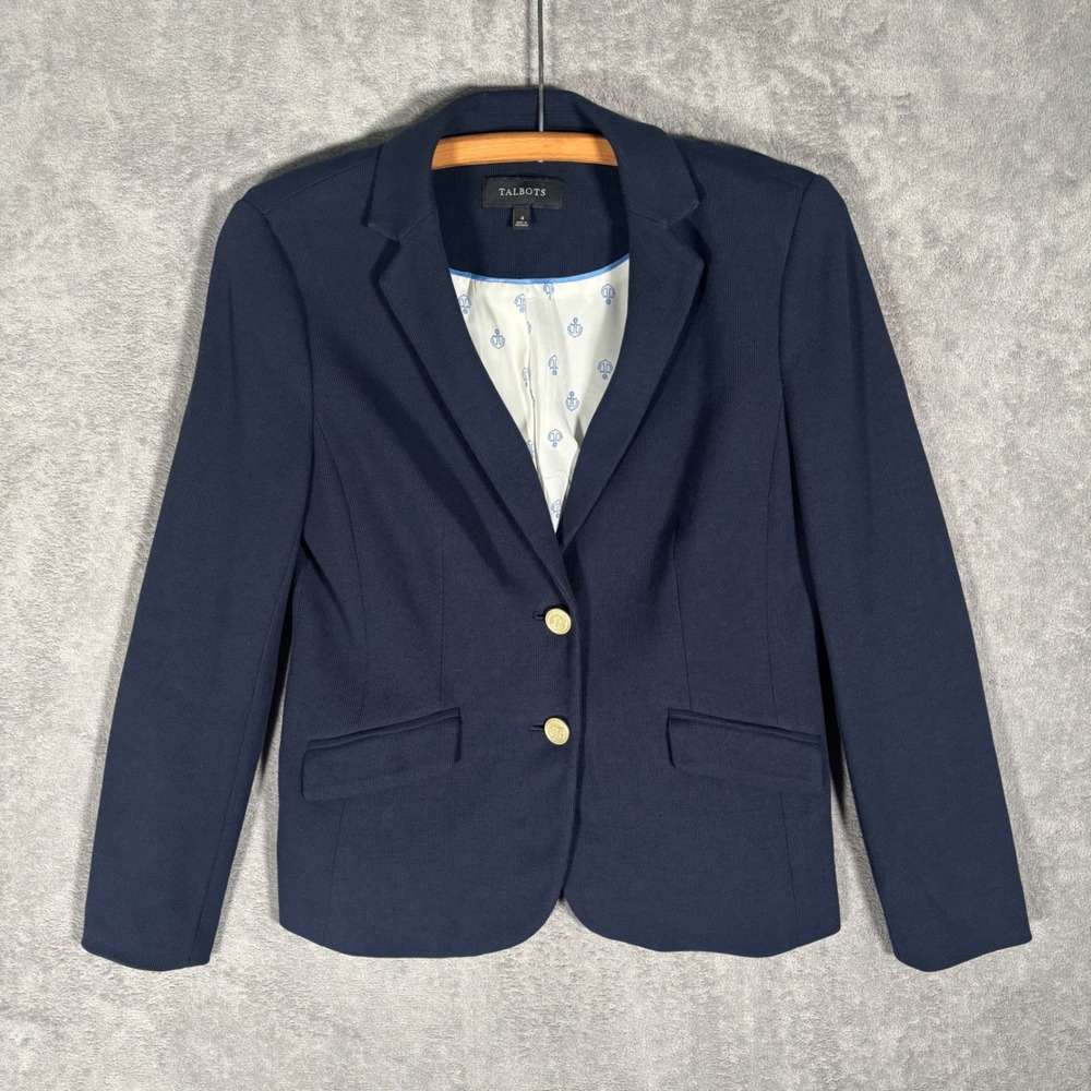 Talbots Navy Blue Cotton Blazer Womens Size 4 Gold Buttons Anchor Print Heritage
